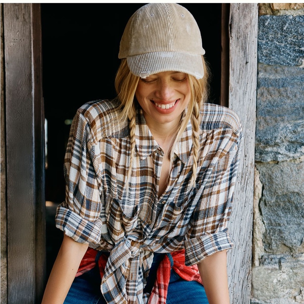 NWT Anthropologie Pilcro The Hadley brown Plaid Button-Up Shirt S Relaxed fit